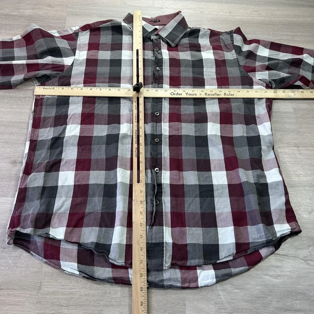 Bullock & Jones Shirt Mens 2XL Red‎ Gray Plaid Long Sleeve Button Up Casual